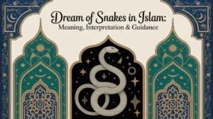 An illustrated image with Islamic geometric patterns, a central coiled snake, stars, and crescents. The text reads: Dream of Snakes in Islam—Explore its meaning, interpretation & spiritual guidance.