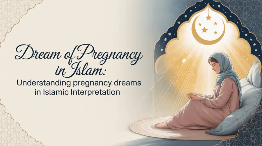 Illustration of a Muslim woman in hijab praying with a glowing crescent moon backdrop, representing the Islamic meaning of pregnancy dreams.