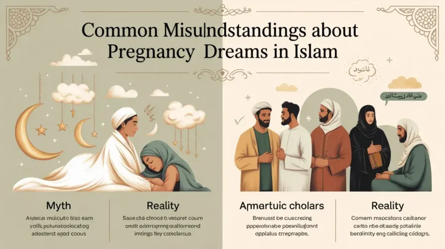 Infographic illustrating myths versus realities about the Dream of Pregnancy in Islam, featuring women on the left and scholars in discussion on the right.